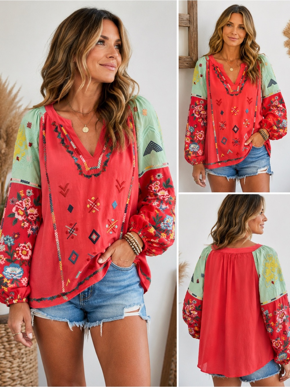 Savanna Jane Coral & Mint Embroidered Boho Peasant Blouse